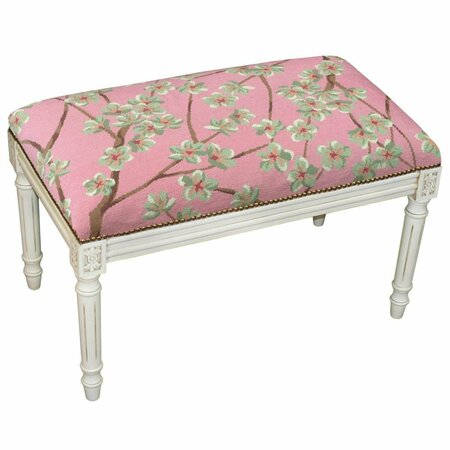 CONVENIENCE CONCEPTS 100 Percent Wool Pink Blossoms Needlepoint Upholstered Solid Wood Bench - Antique White Wash HI2558353